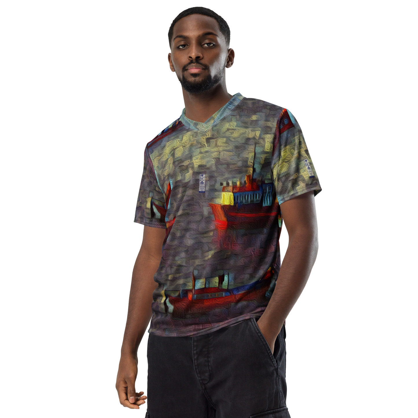 Recycled unisex sports jersey 'Gone Fishing 9/9' artist-authorised edition of original artwork by Enmempin N. Midelobo