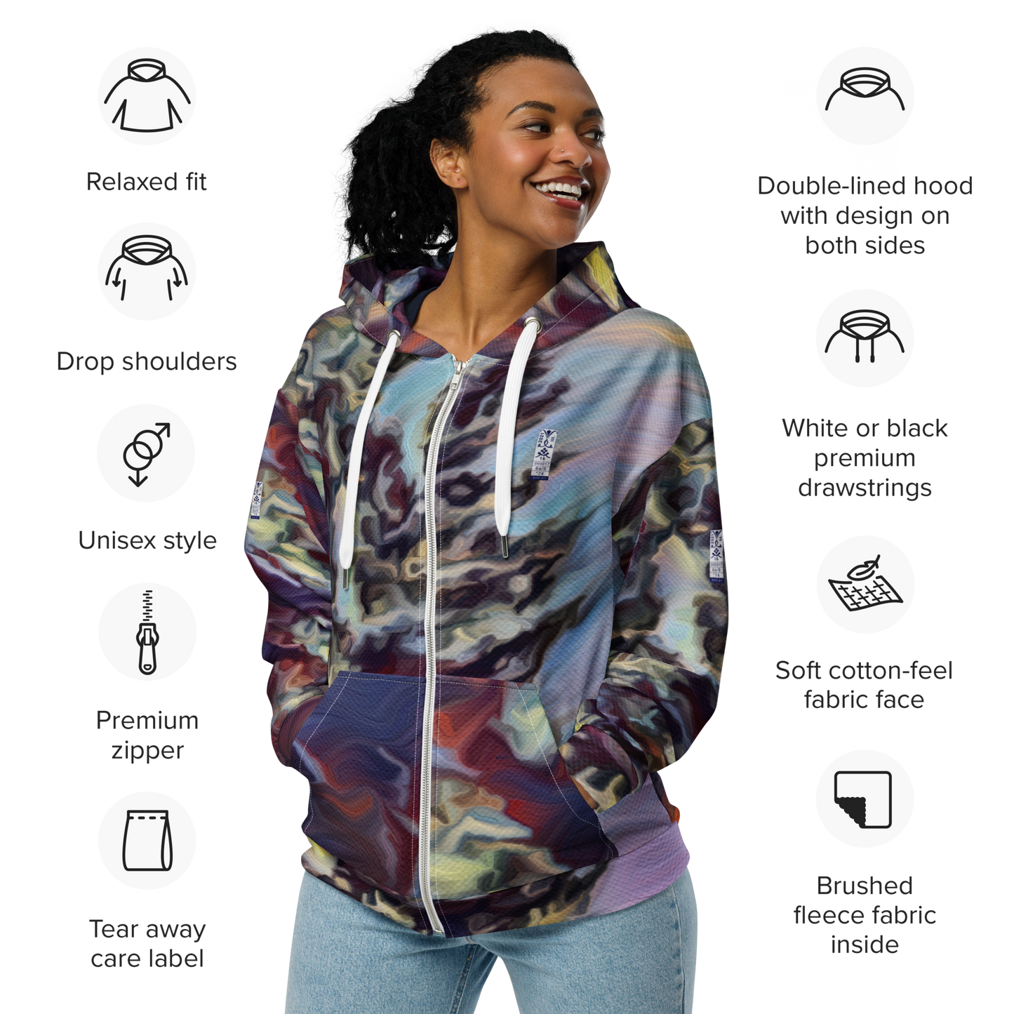Unisex zip hoodie 'World on the Run 6a/9' artist-authorised edition of original artwork by Enmempin N. Midelobo