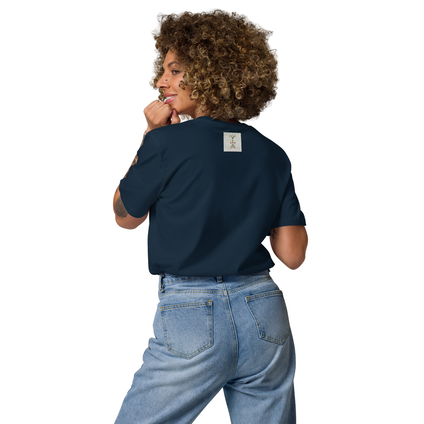 Unisex dark blue organic cotton t-shirt 'Just Seeing (thumb)' artist-authorised edition of original artwork by Enmempin N. Midelobo