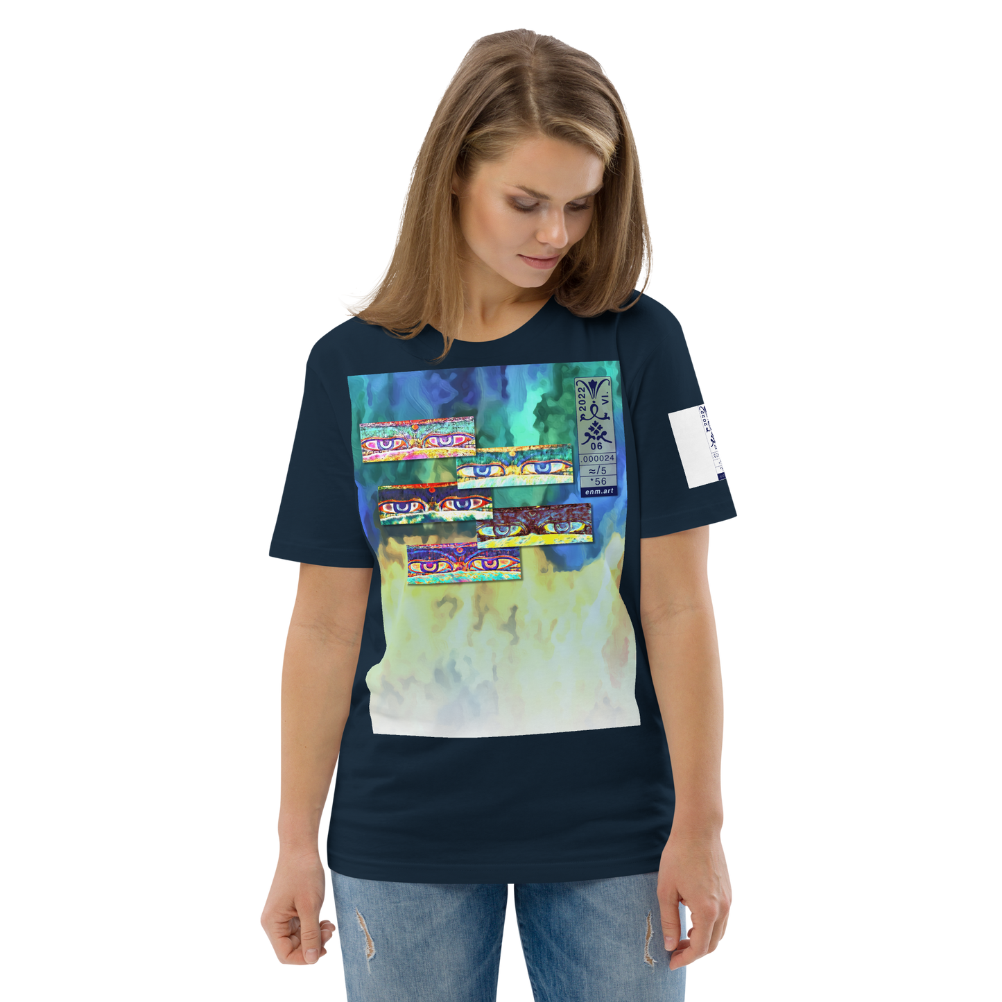Unisex white organic cotton t-shirt 'Just Seeing (thumb)' artist-authorised edition of original artwork by Enmempin N. Midelobo