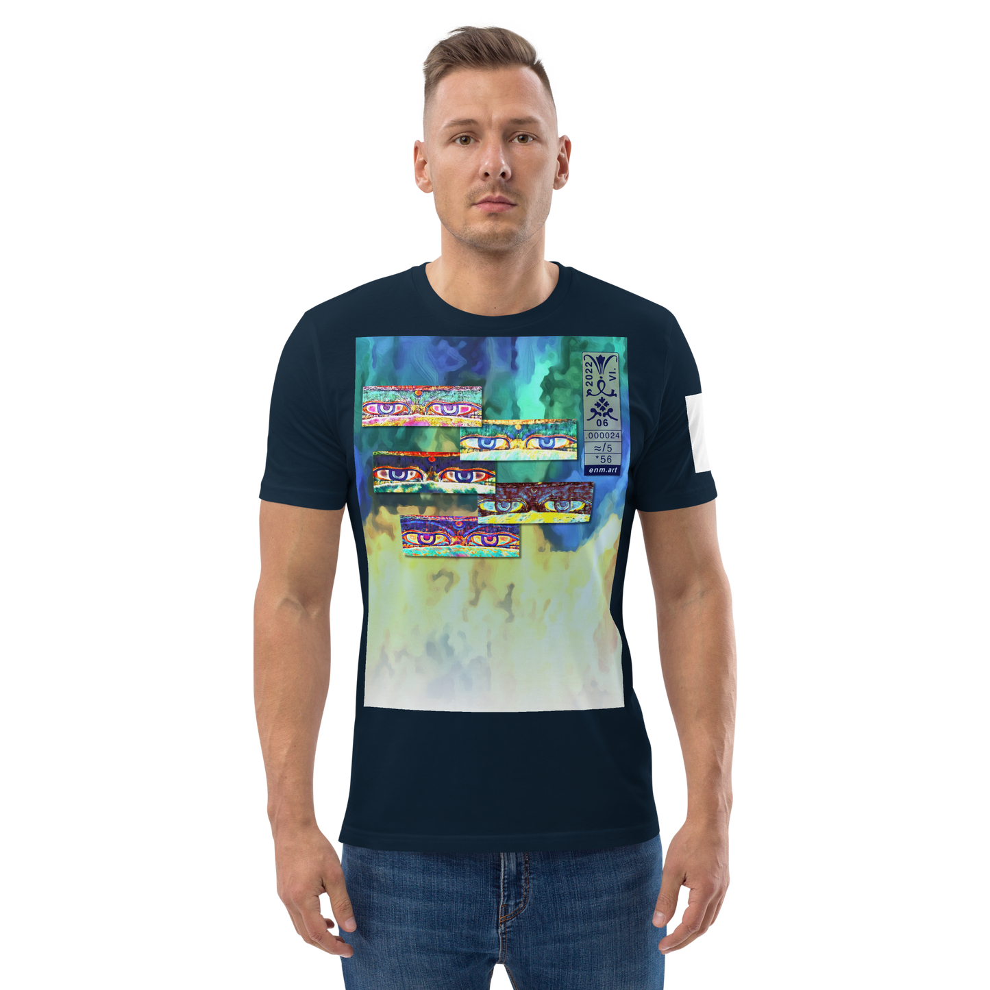 Unisex white organic cotton t-shirt 'Just Seeing (thumb)' artist-authorised edition of original artwork by Enmempin N. Midelobo