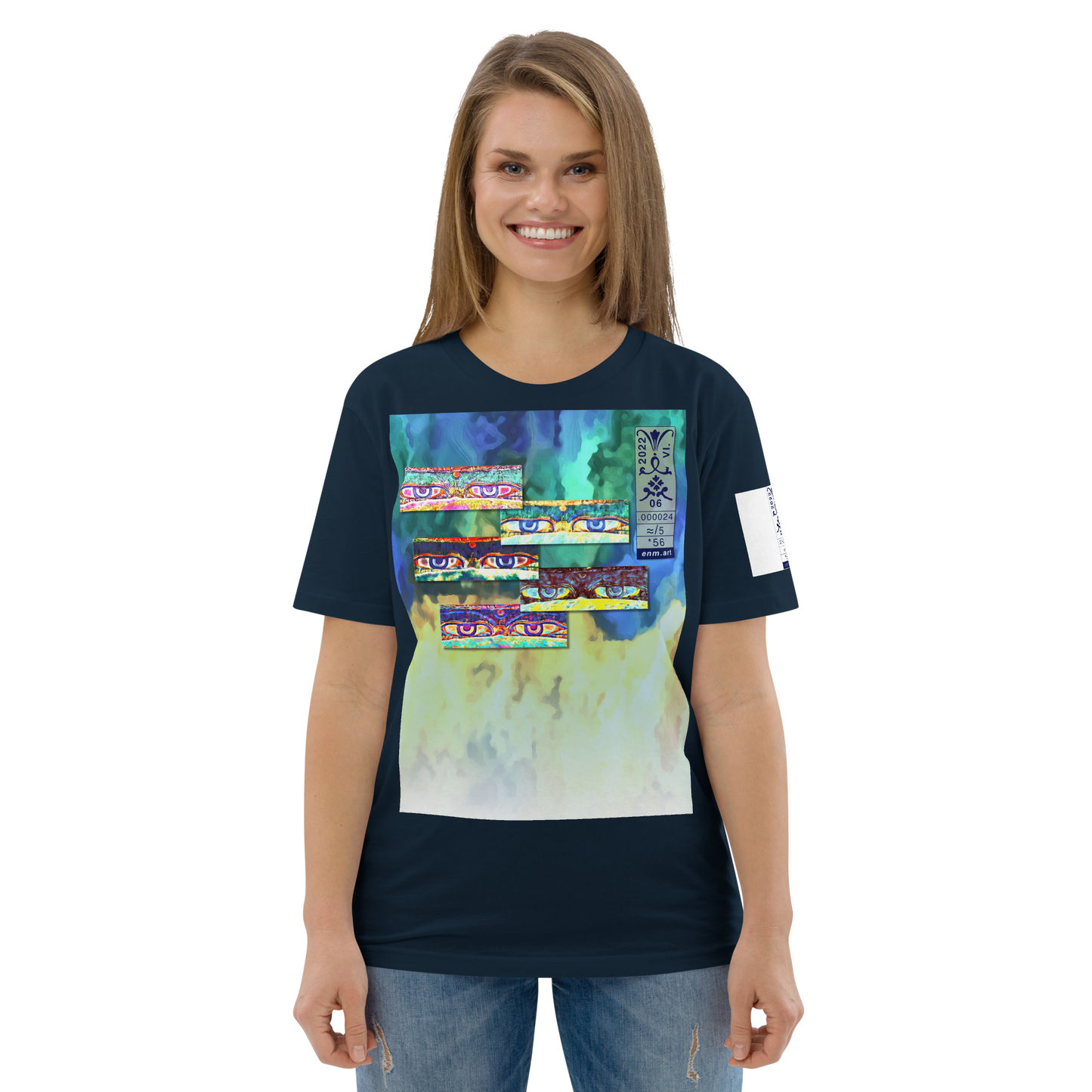 Unisex white organic cotton t-shirt 'Just Seeing (thumb)' artist-authorised edition of original artwork by Enmempin N. Midelobo