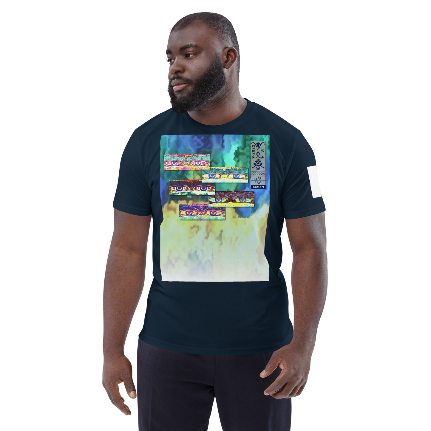 Unisex white organic cotton t-shirt 'Just Seeing (thumb)' artist-authorised edition of original artwork by Enmempin N. Midelobo