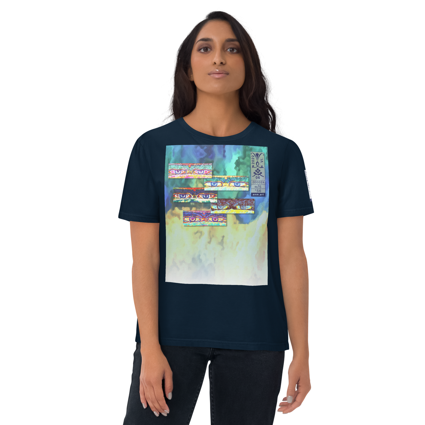 Unisex white organic cotton t-shirt 'Just Seeing (thumb)' artist-authorised edition of original artwork by Enmempin N. Midelobo