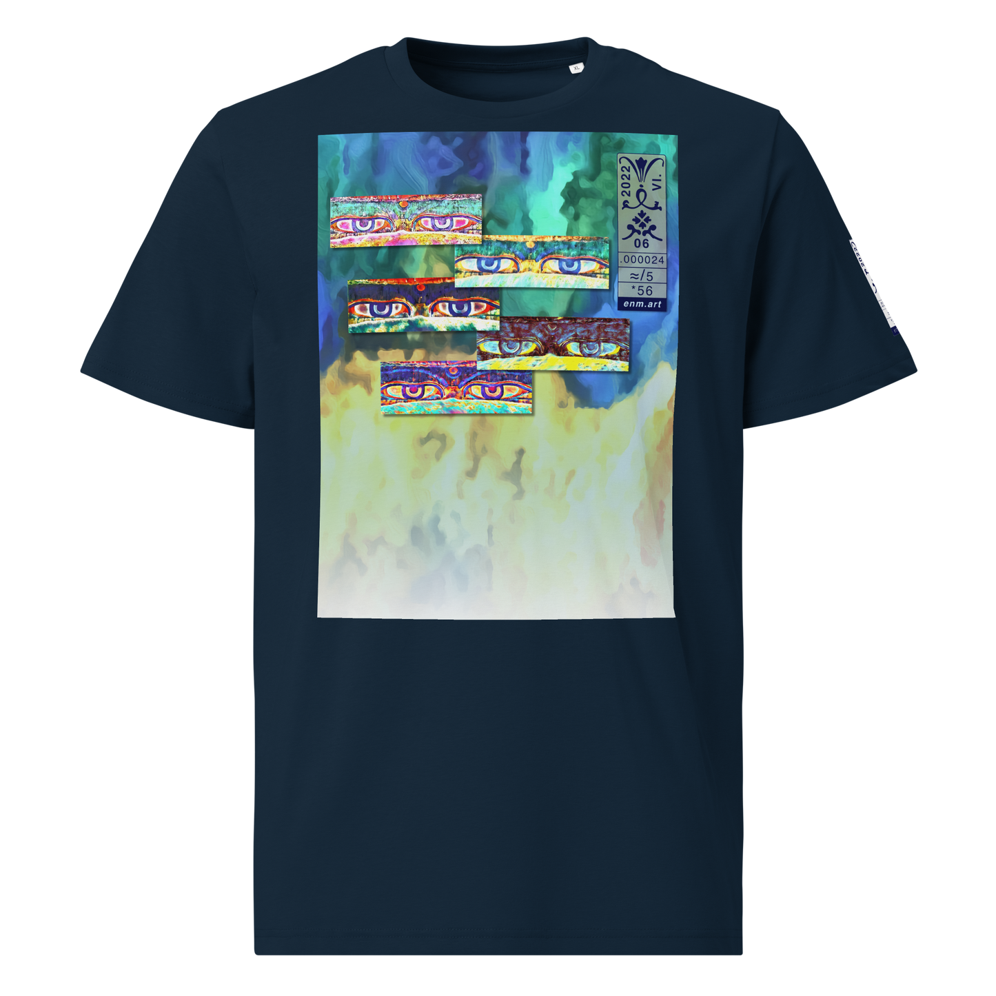 Unisex dark blue organic cotton t-shirt 'Just Seeing (thumb)' artist-authorised edition of original artwork by Enmempin N. Midelobo