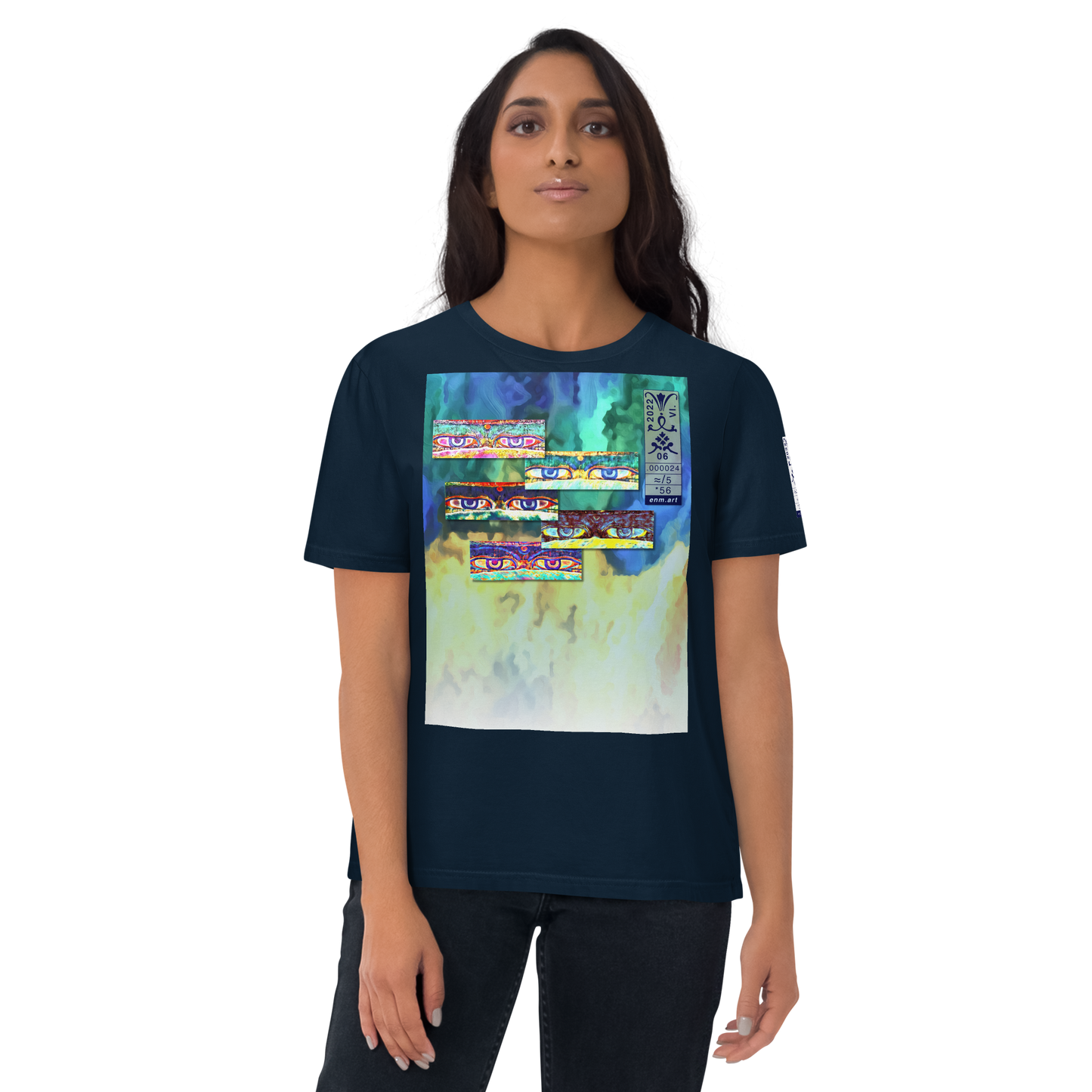 Unisex dark blue organic cotton t-shirt 'Just Seeing (thumb)' artist-authorised edition of original artwork by Enmempin N. Midelobo