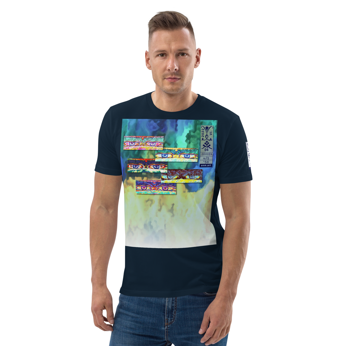 Unisex dark blue organic cotton t-shirt 'Just Seeing (thumb)' artist-authorised edition of original artwork by Enmempin N. Midelobo