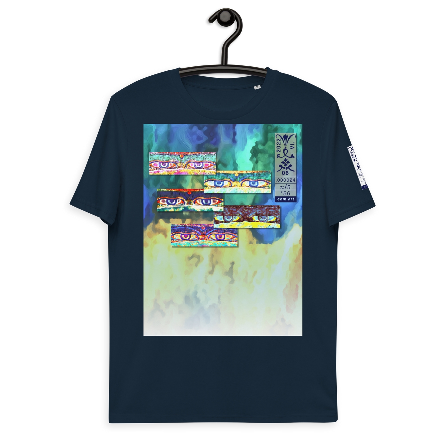 Unisex dark blue organic cotton t-shirt 'Just Seeing (thumb)' artist-authorised edition of original artwork by Enmempin N. Midelobo