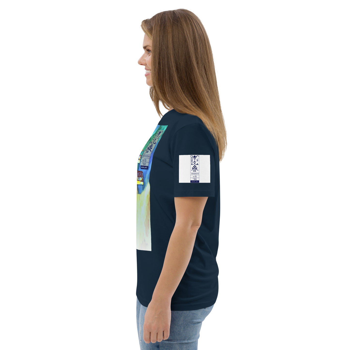 Unisex white organic cotton t-shirt 'Just Seeing (thumb)' artist-authorised edition of original artwork by Enmempin N. Midelobo