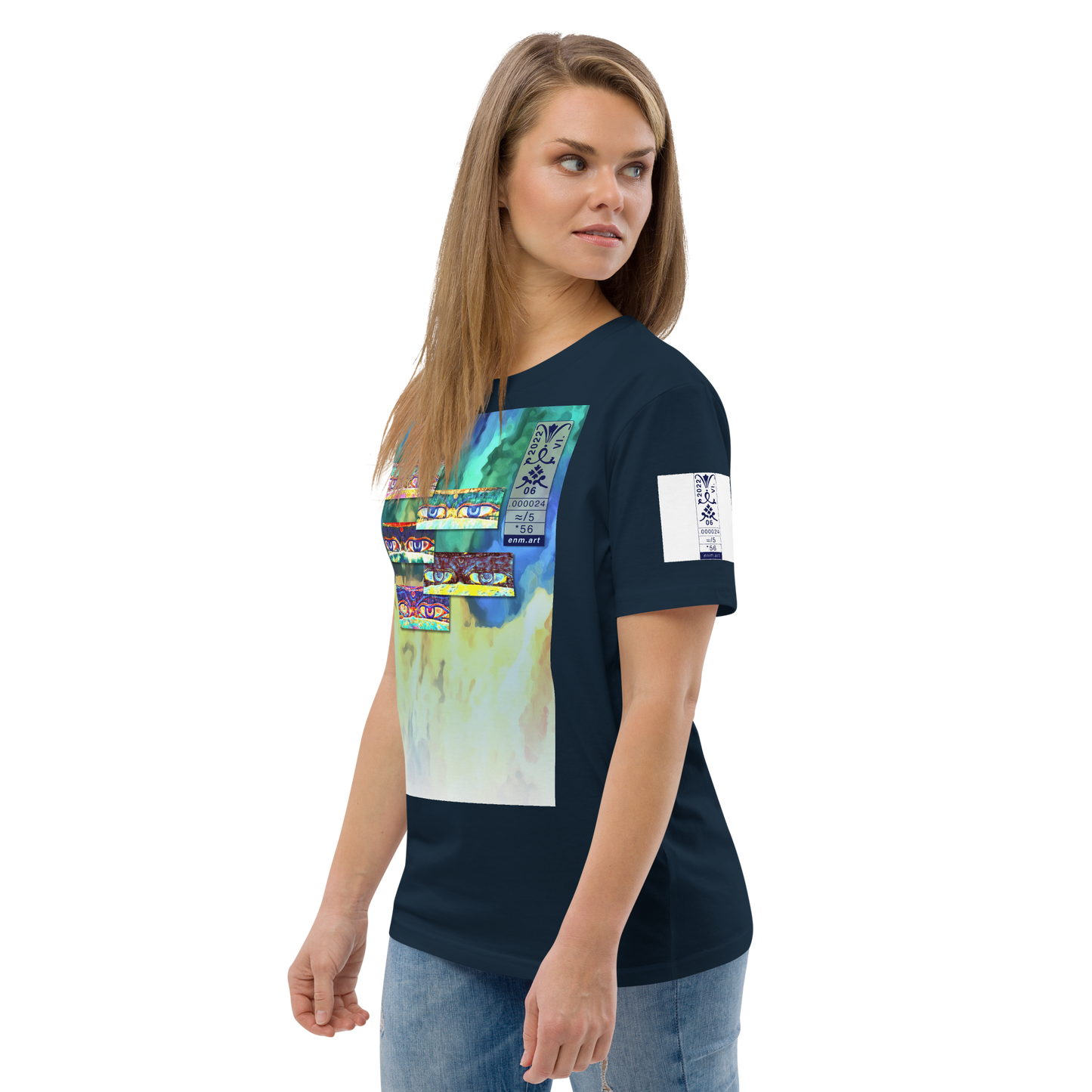 Unisex white organic cotton t-shirt 'Just Seeing (thumb)' artist-authorised edition of original artwork by Enmempin N. Midelobo