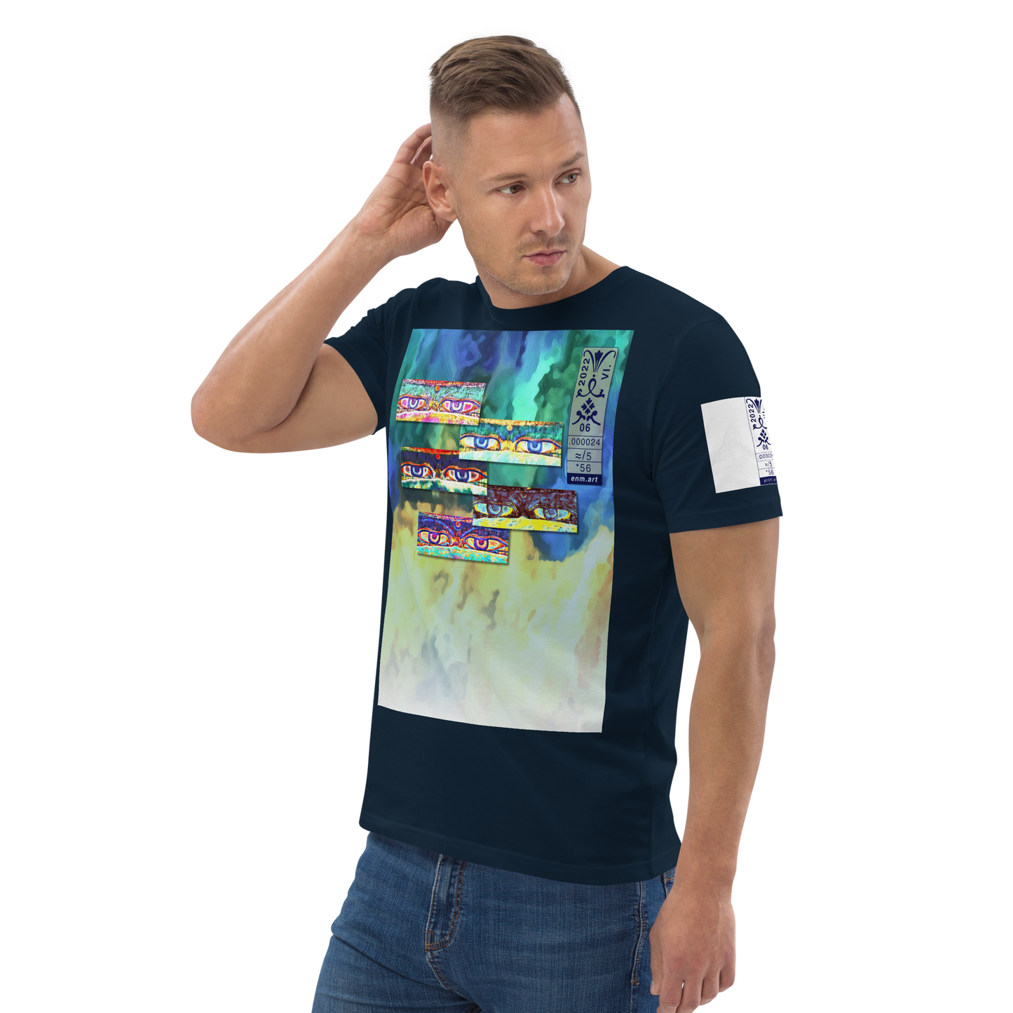 Unisex white organic cotton t-shirt 'Just Seeing (thumb)' artist-authorised edition of original artwork by Enmempin N. Midelobo