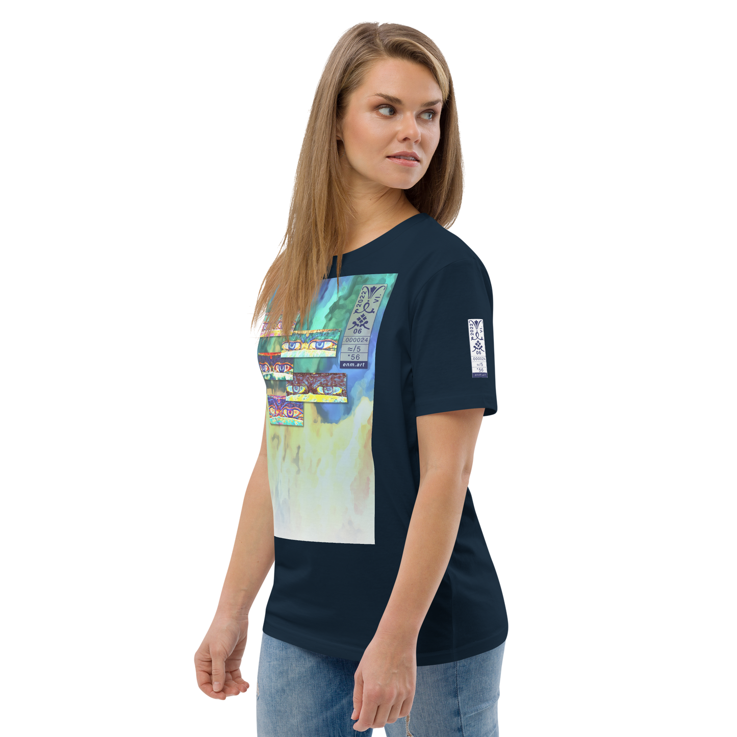 Unisex white organic cotton t-shirt 'Just Seeing (thumb)' artist-authorised edition of original artwork by Enmempin N. Midelobo