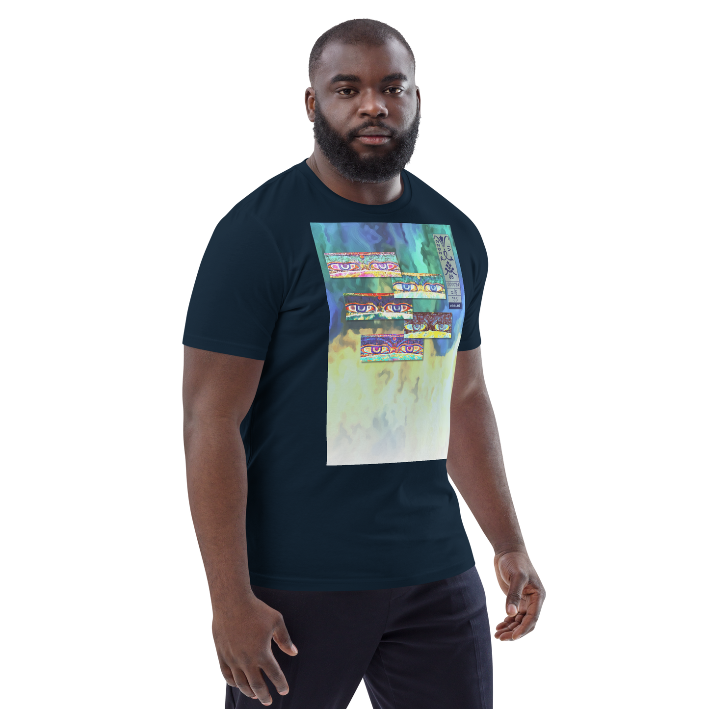 Unisex white organic cotton t-shirt 'Just Seeing (thumb)' artist-authorised edition of original artwork by Enmempin N. Midelobo