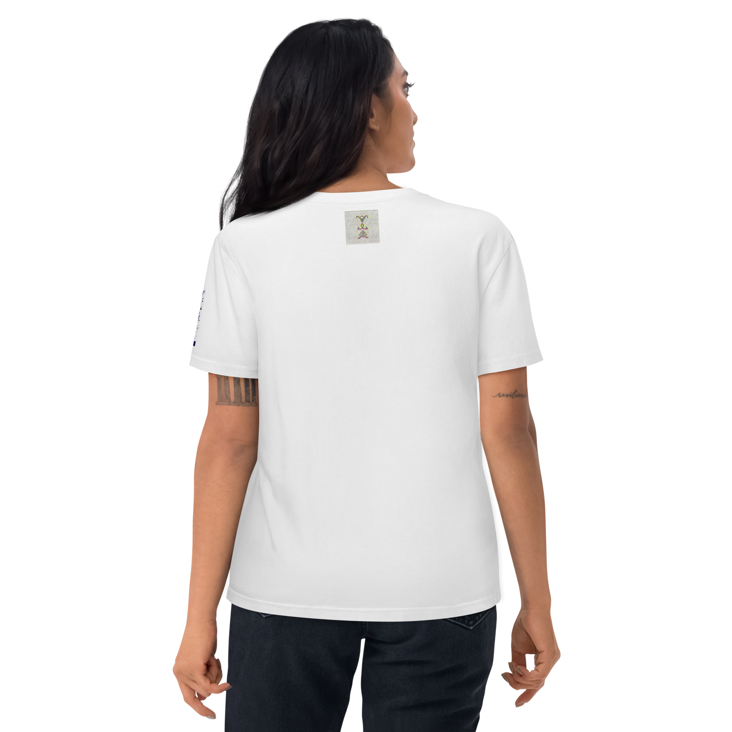 Unisex white organic cotton t-shirt 'Just Seeing (thumb)' artist-authorised edition of original artwork by Enmempin N. Midelobo