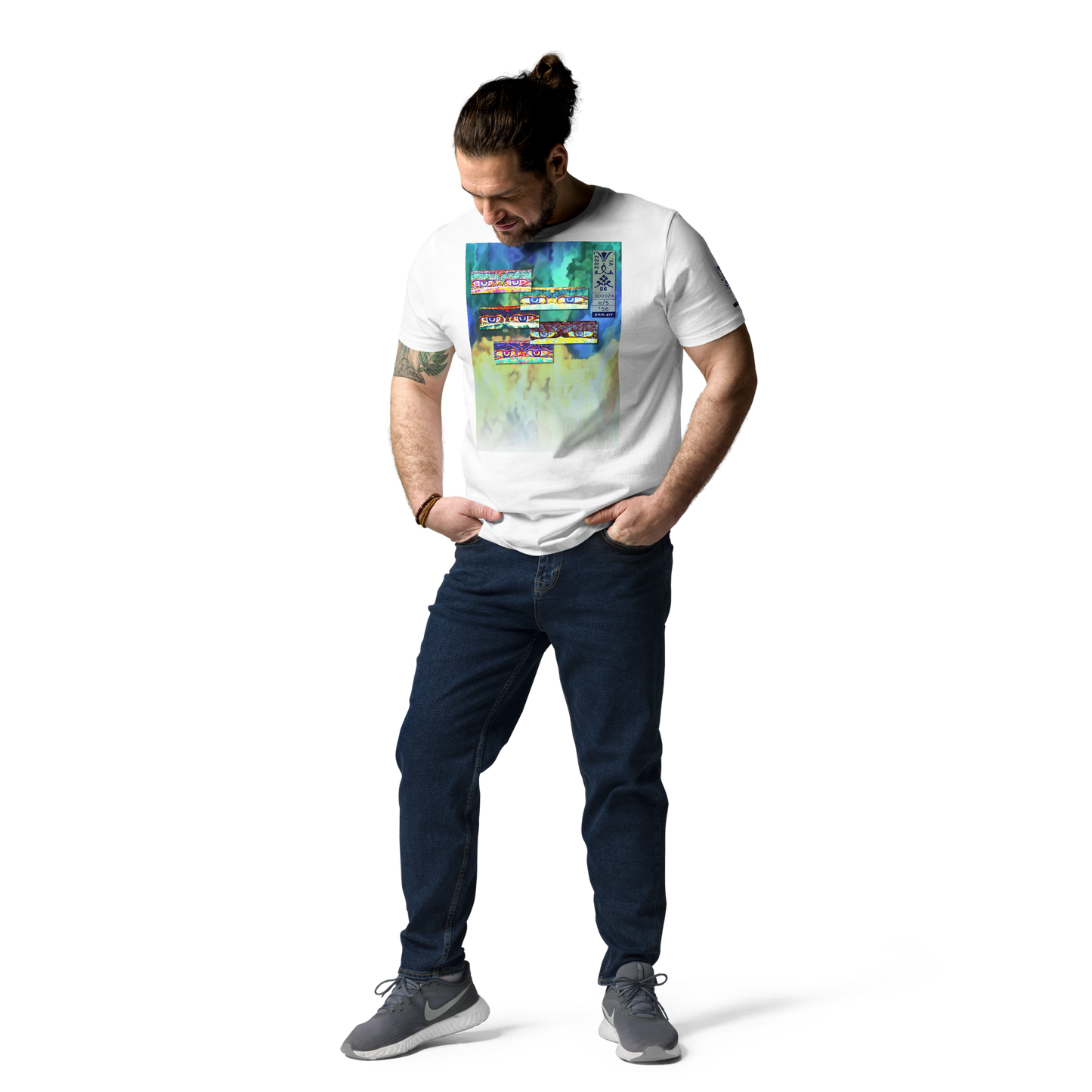 Unisex white organic cotton t-shirt 'Just Seeing (thumb)' artist-authorised edition of original artwork by Enmempin N. Midelobo