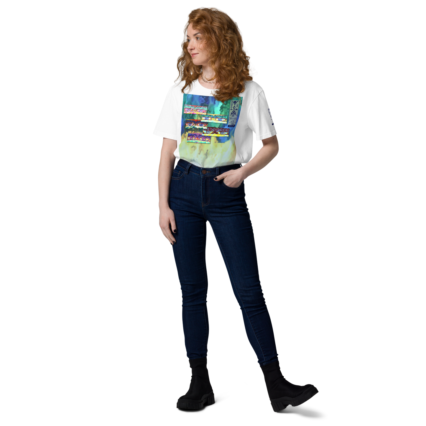 Unisex white organic cotton t-shirt 'Just Seeing (thumb)' artist-authorised edition of original artwork by Enmempin N. Midelobo