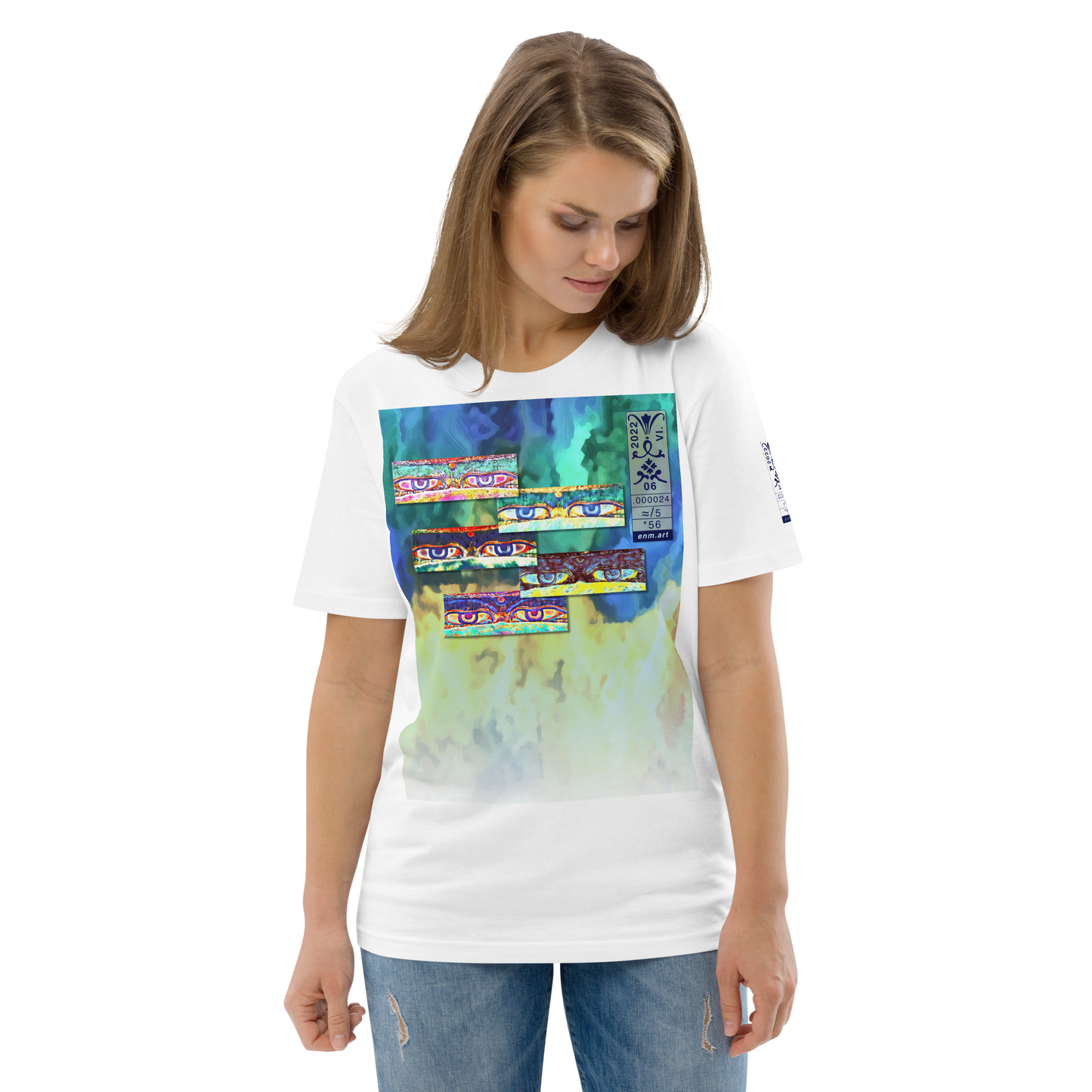 Unisex white organic cotton t-shirt 'Just Seeing (thumb)' artist-authorised edition of original artwork by Enmempin N. Midelobo
