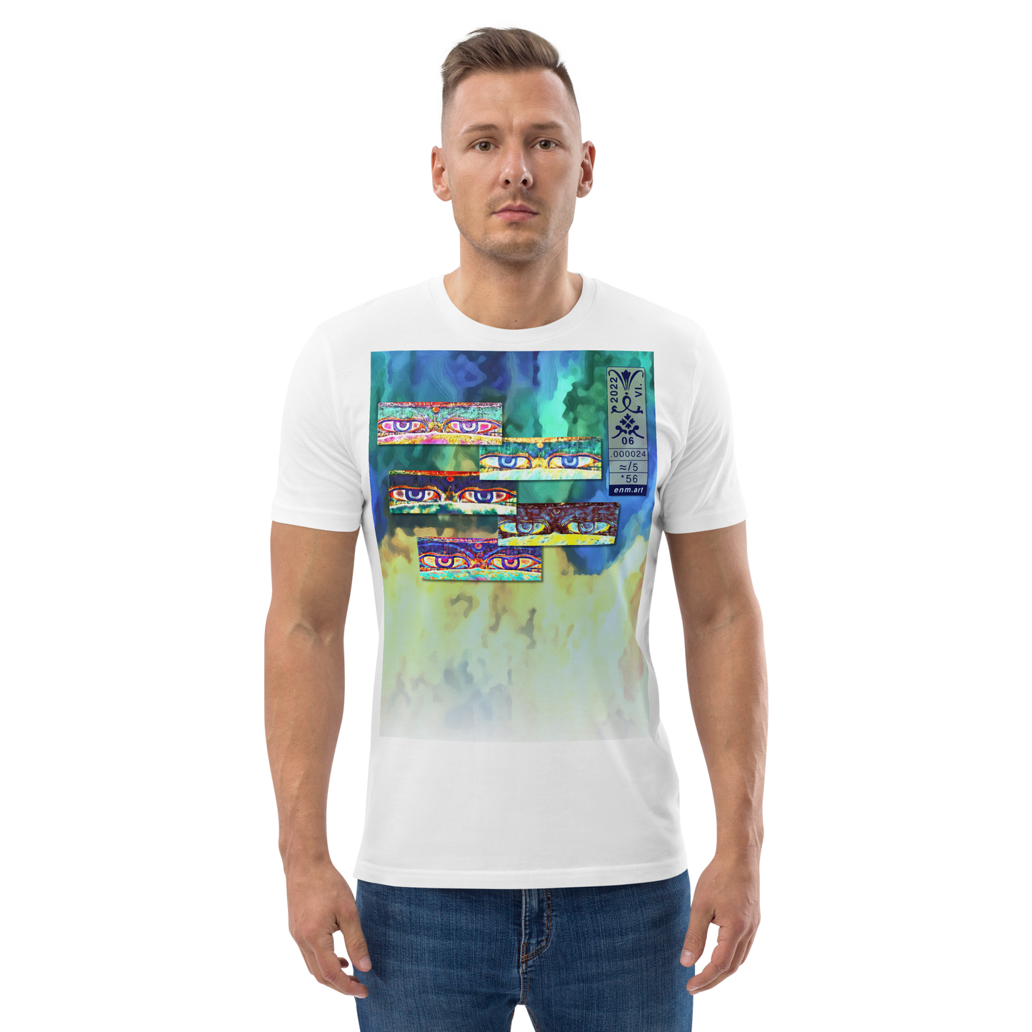 Unisex white organic cotton t-shirt 'Just Seeing (thumb)' artist-authorised edition of original artwork by Enmempin N. Midelobo