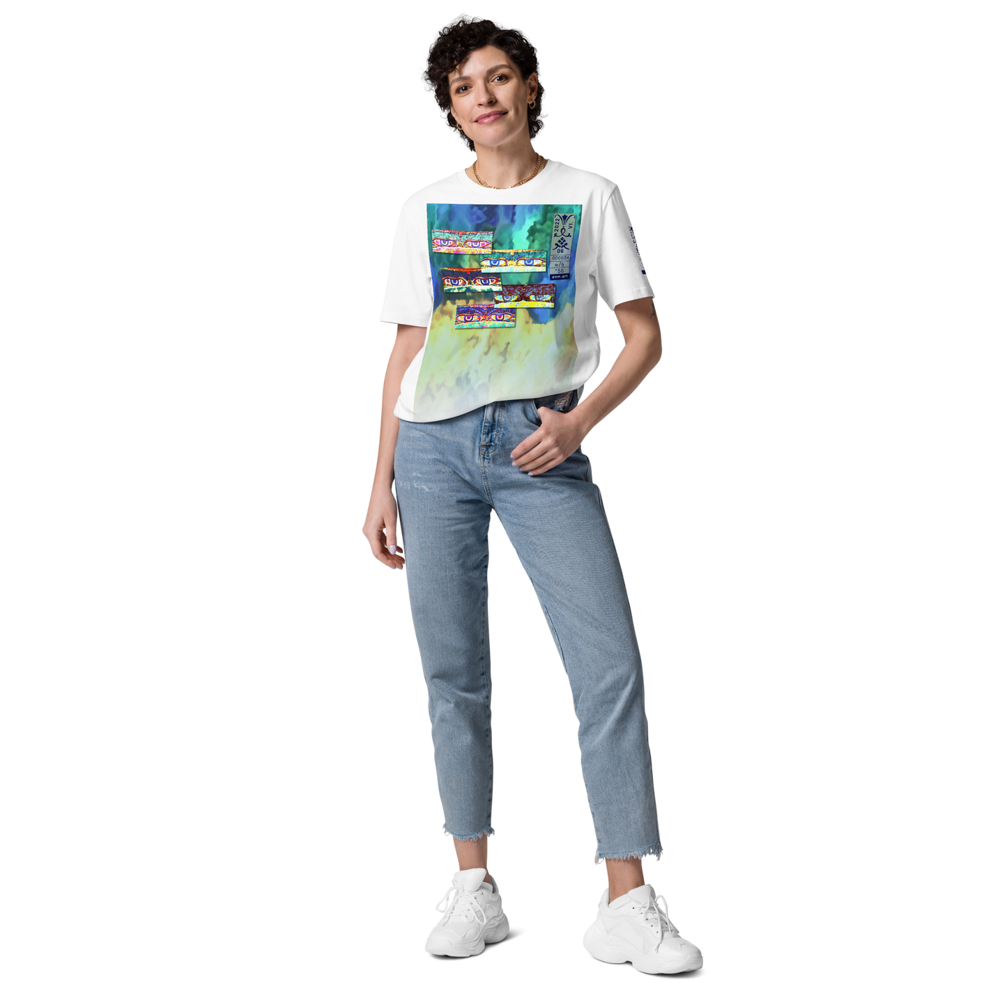 Unisex white organic cotton t-shirt 'Just Seeing (thumb)' artist-authorised edition of original artwork by Enmempin N. Midelobo