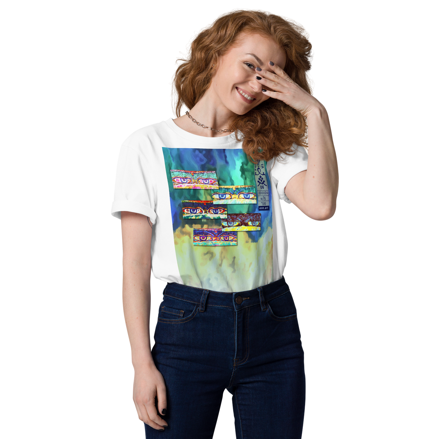 Unisex white organic cotton t-shirt 'Just Seeing (thumb)' artist-authorised edition of original artwork by Enmempin N. Midelobo