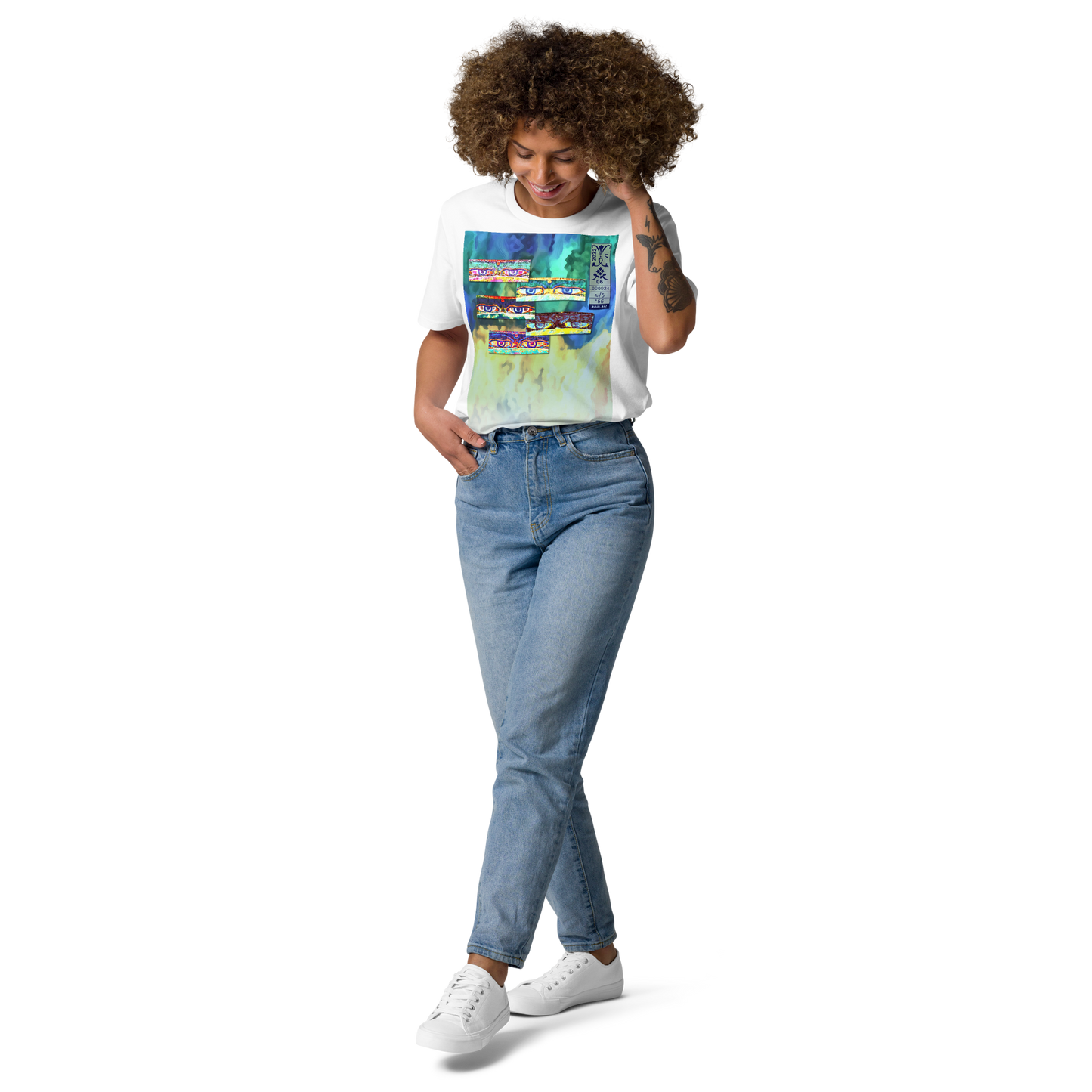 Unisex white organic cotton t-shirt 'Just Seeing (thumb)' artist-authorised edition of original artwork by Enmempin N. Midelobo