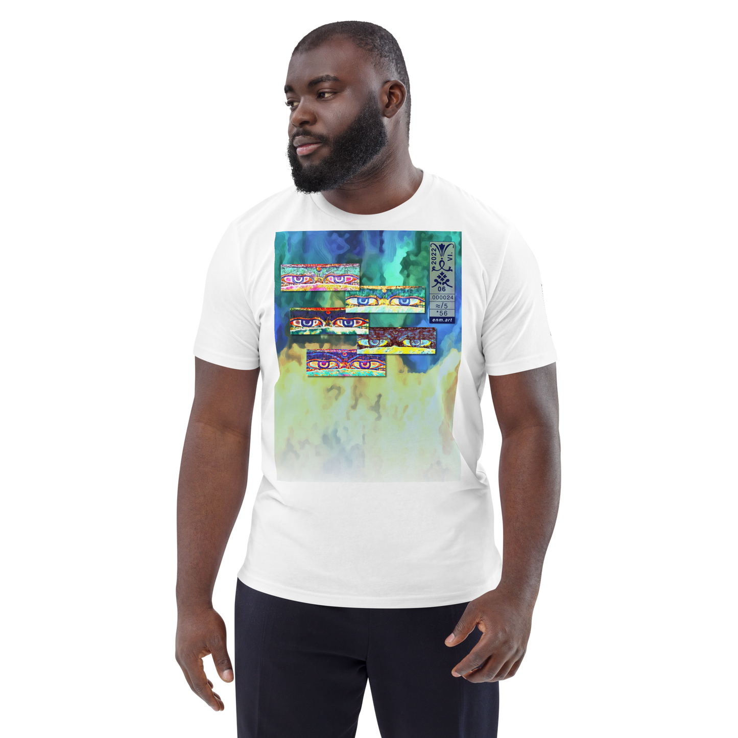 Unisex white organic cotton t-shirt 'Just Seeing (thumb)' artist-authorised edition of original artwork by Enmempin N. Midelobo