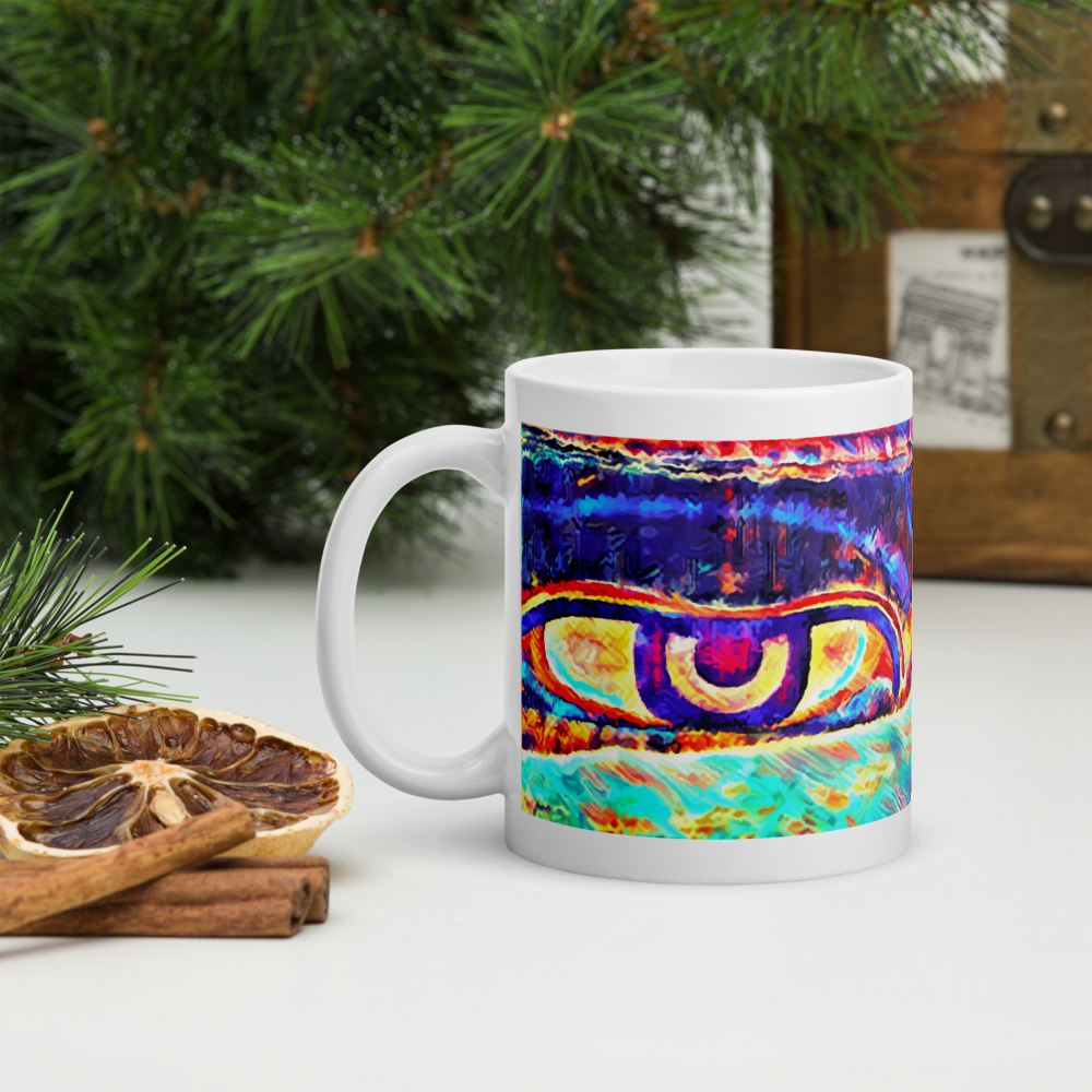 White glossy mug 'Just Seeing 5/5' artist-authorised edition of original art by Enmempin N. Mideolobo