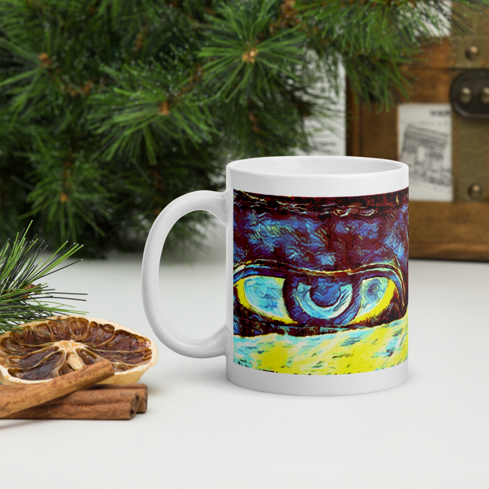 White glossy mug 'Just Seeing 4/5' artist-authorised edition of original art by Enmempin N. Mideolobo