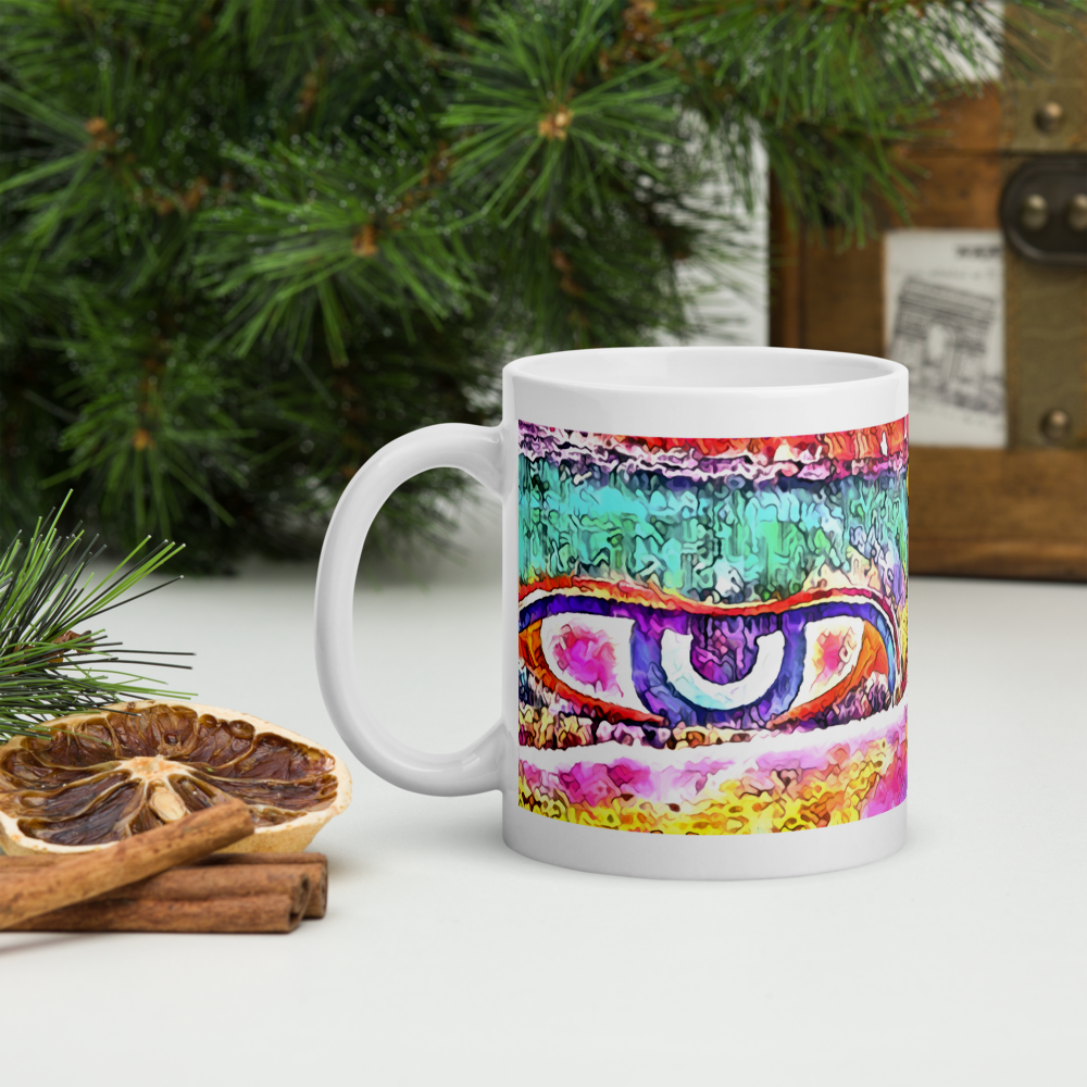 White glossy mug 'Just Seeing 1/5' artist-authorised edition of original art by Enmempin N. Mideolobo