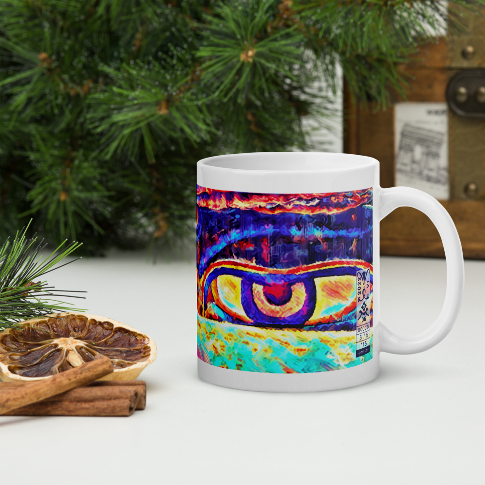 White glossy mug 'Just Seeing 5/5' artist-authorised edition of original art by Enmempin N. Mideolobo