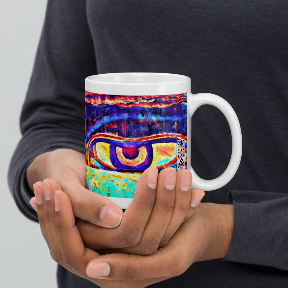 White glossy mug 'Just Seeing 5/5' artist-authorised edition of original art by Enmempin N. Mideolobo