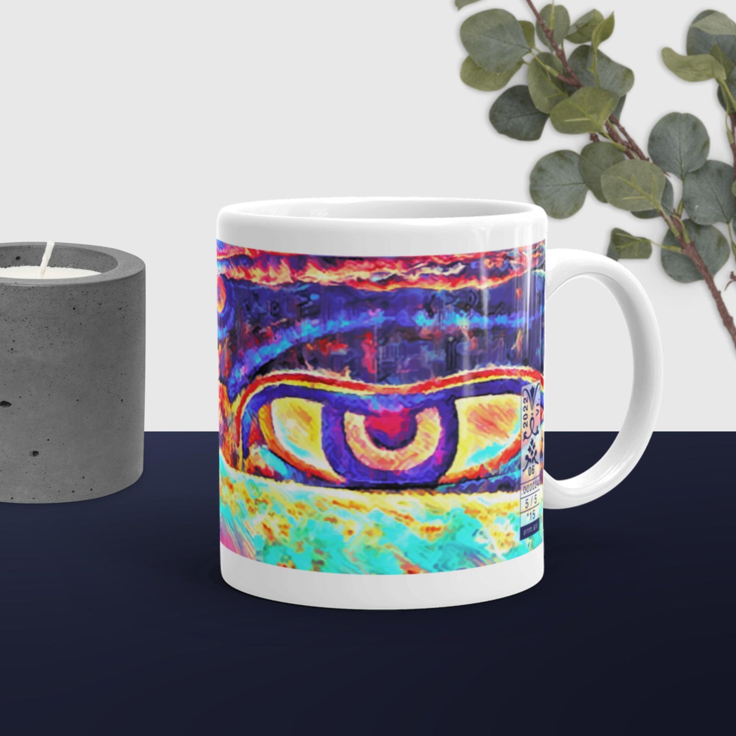 White glossy mug 'Just Seeing 5/5' artist-authorised edition of original art by Enmempin N. Mideolobo