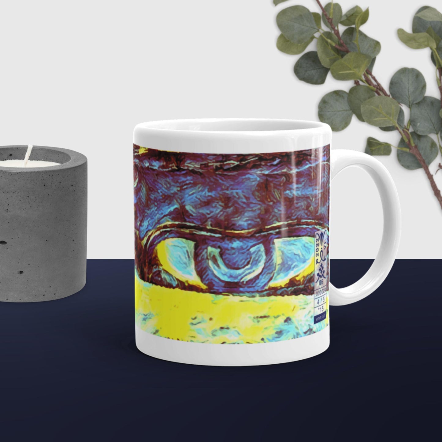 White glossy mug 'Just Seeing 4/5' artist-authorised edition of original art by Enmempin N. Mideolobo