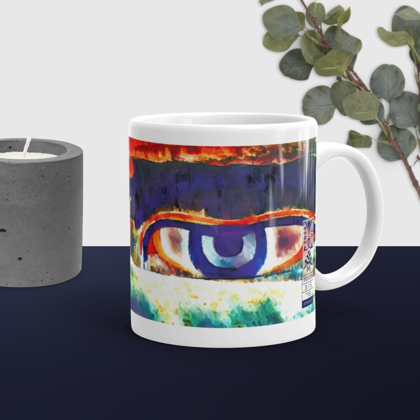 White glossy mug 'Just Seeing 3/5' artist-authorised edition of original art by Enmempin N. Mideolobo