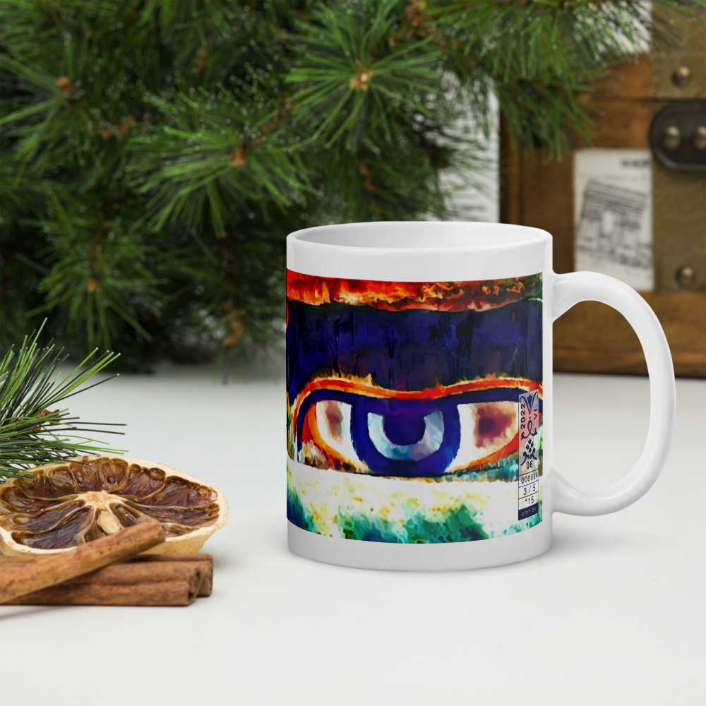 White glossy mug 'Just Seeing 3/5' artist-authorised edition of original art by Enmempin N. Mideolobo