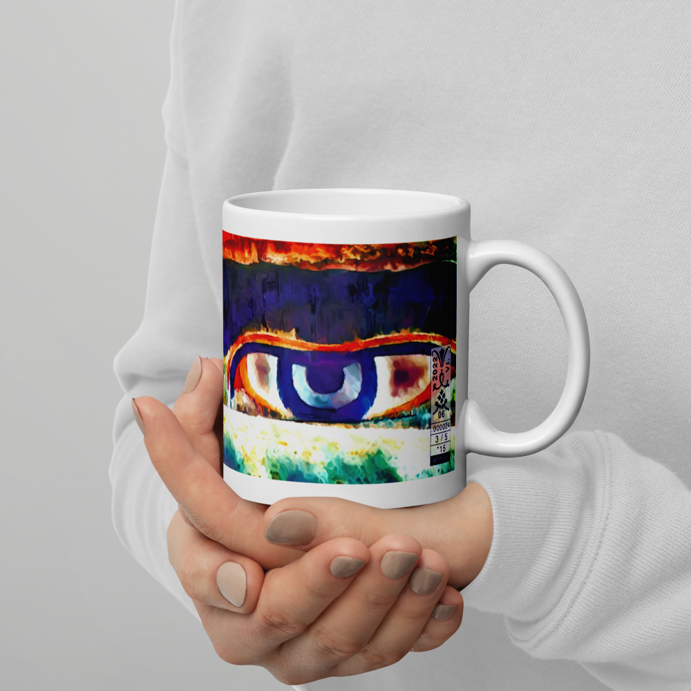 White glossy mug 'Just Seeing 3/5' artist-authorised edition of original art by Enmempin N. Mideolobo