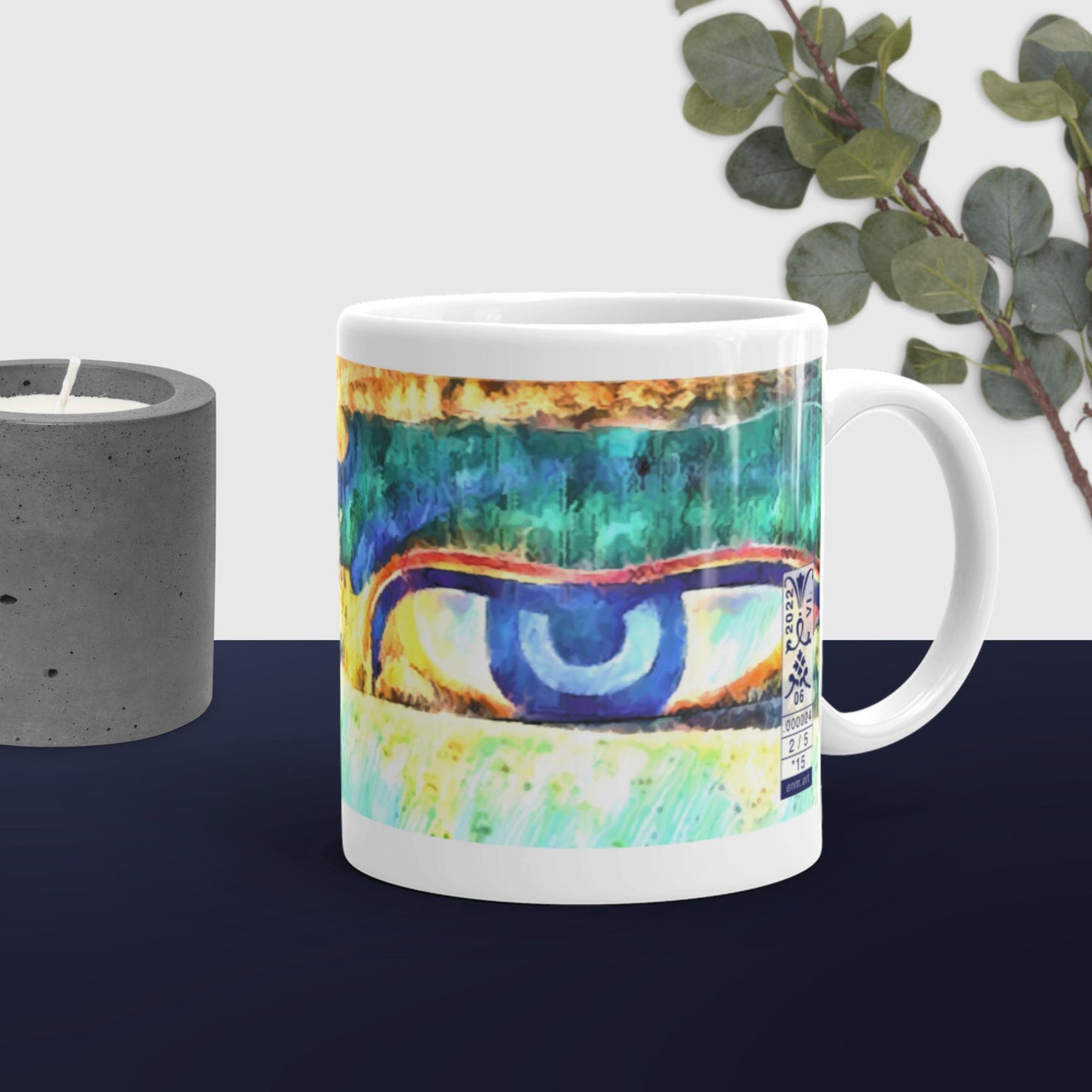 White glossy mug 'Just Seeing 2/5' artist-authorised edition of original art by Enmempin N. Mideolobo