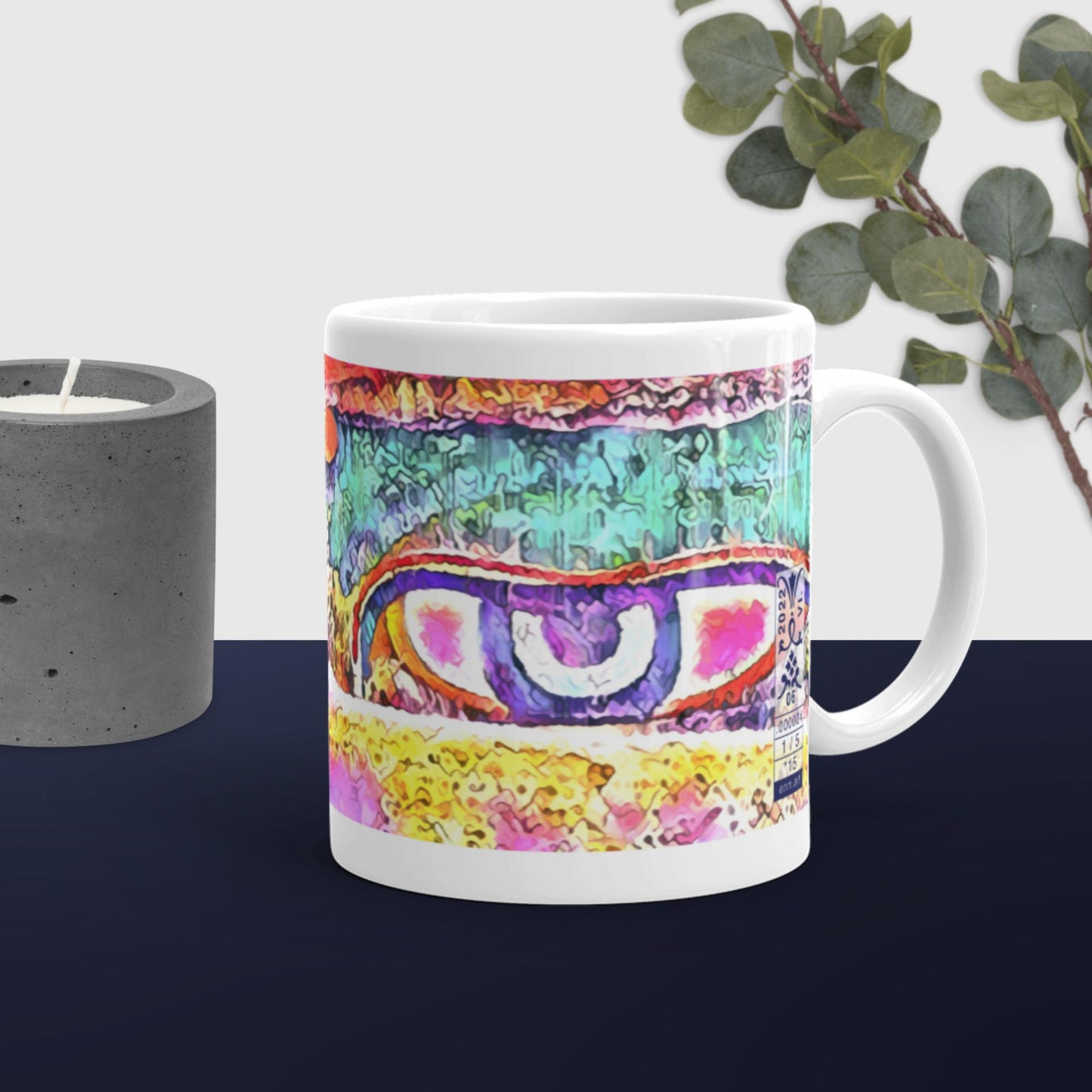 White glossy mug 'Just Seeing 1/5' artist-authorised edition of original art by Enmempin N. Mideolobo