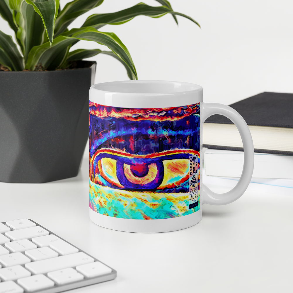 White glossy mug 'Just Seeing 5/5' artist-authorised edition of original art by Enmempin N. Mideolobo