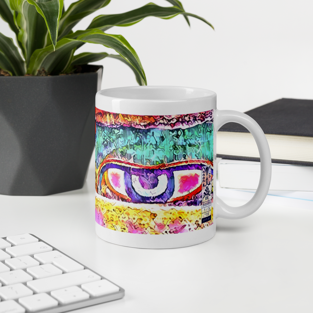 White glossy mug 'Just Seeing 1/5' artist-authorised edition of original art by Enmempin N. Mideolobo