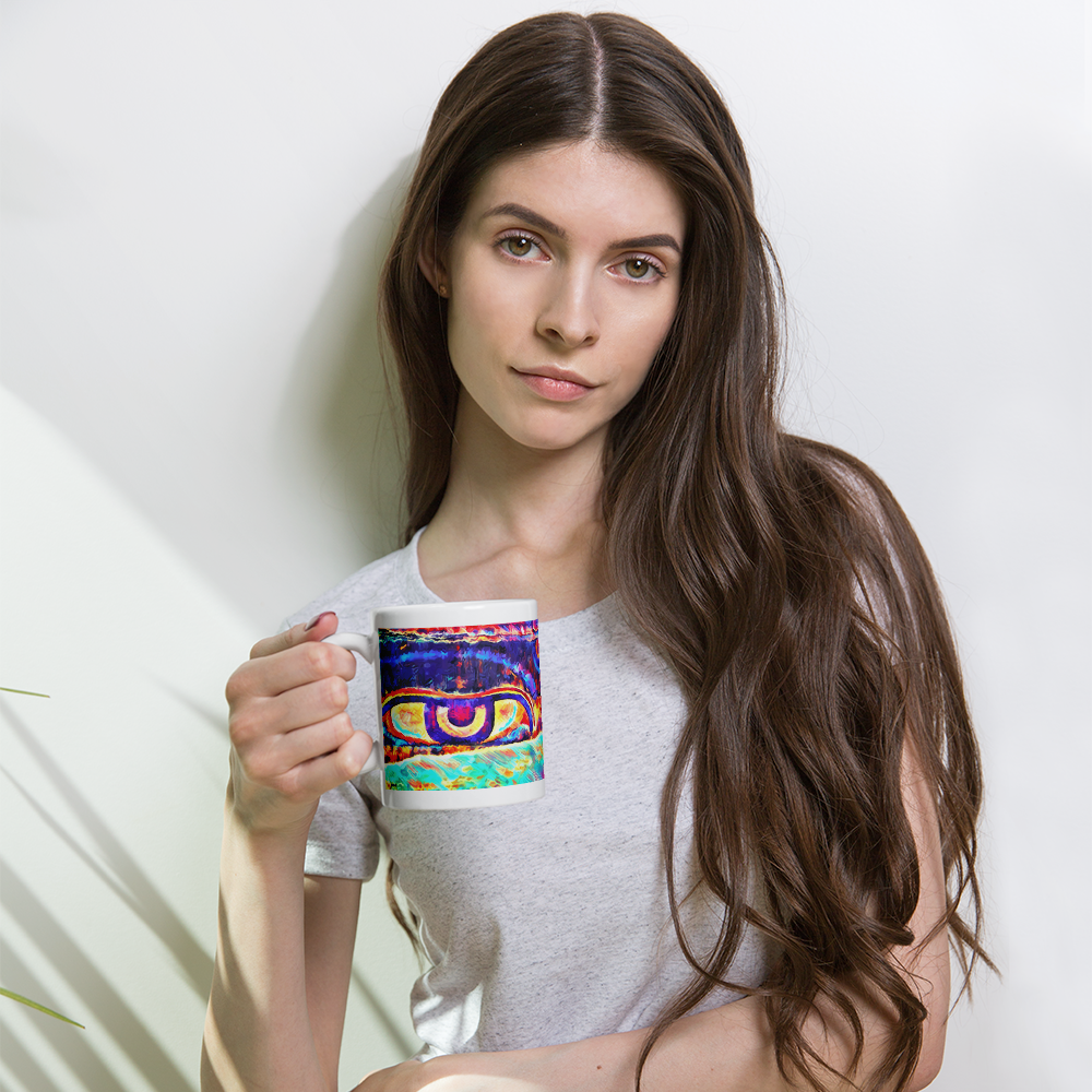White glossy mug 'Just Seeing 5/5' artist-authorised edition of original art by Enmempin N. Mideolobo