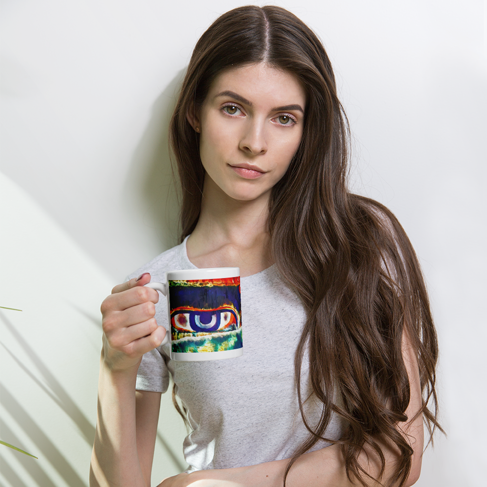White glossy mug 'Just Seeing 3/5' artist-authorised edition of original art by Enmempin N. Mideolobo
