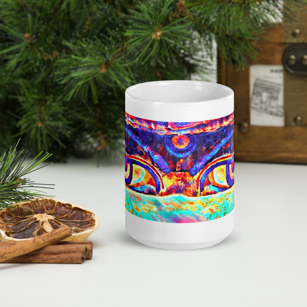 White glossy mug 'Just Seeing 5/5' artist-authorised edition of original art by Enmempin N. Mideolobo