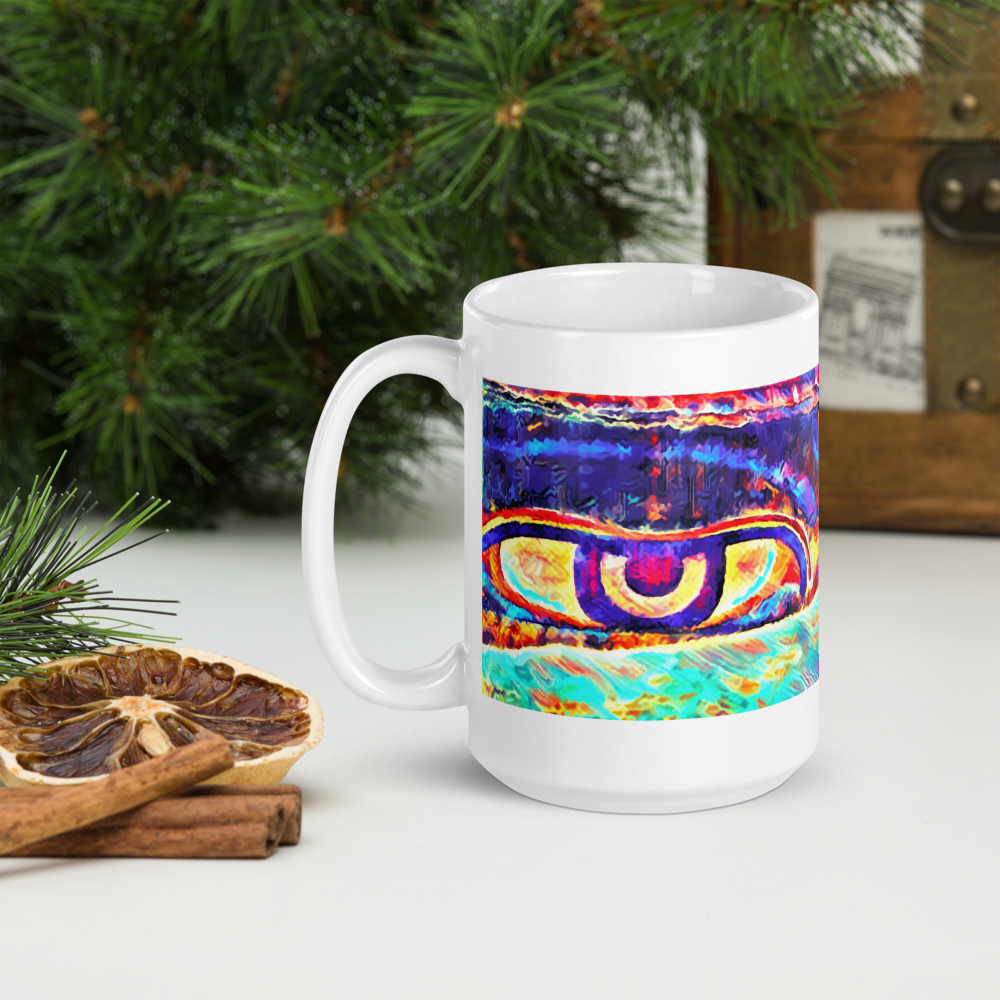 White glossy mug 'Just Seeing 5/5' artist-authorised edition of original art by Enmempin N. Mideolobo