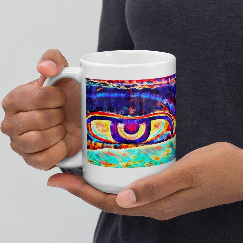 White glossy mug 'Just Seeing 5/5' artist-authorised edition of original art by Enmempin N. Mideolobo