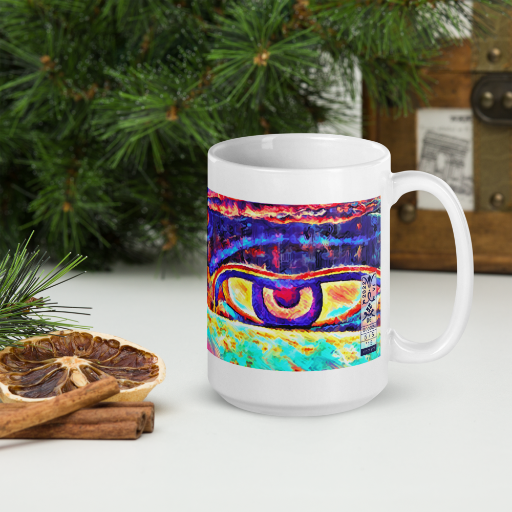 White glossy mug 'Just Seeing 5/5' artist-authorised edition of original art by Enmempin N. Mideolobo