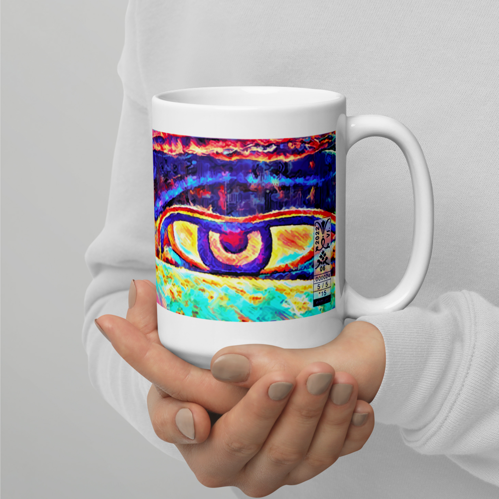 White glossy mug 'Just Seeing 5/5' artist-authorised edition of original art by Enmempin N. Mideolobo