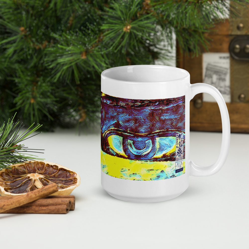 White glossy mug 'Just Seeing 4/5' artist-authorised edition of original art by Enmempin N. Mideolobo