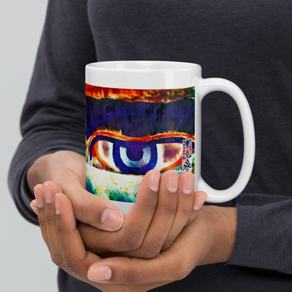 White glossy mug 'Just Seeing 3/5' artist-authorised edition of original art by Enmempin N. Mideolobo