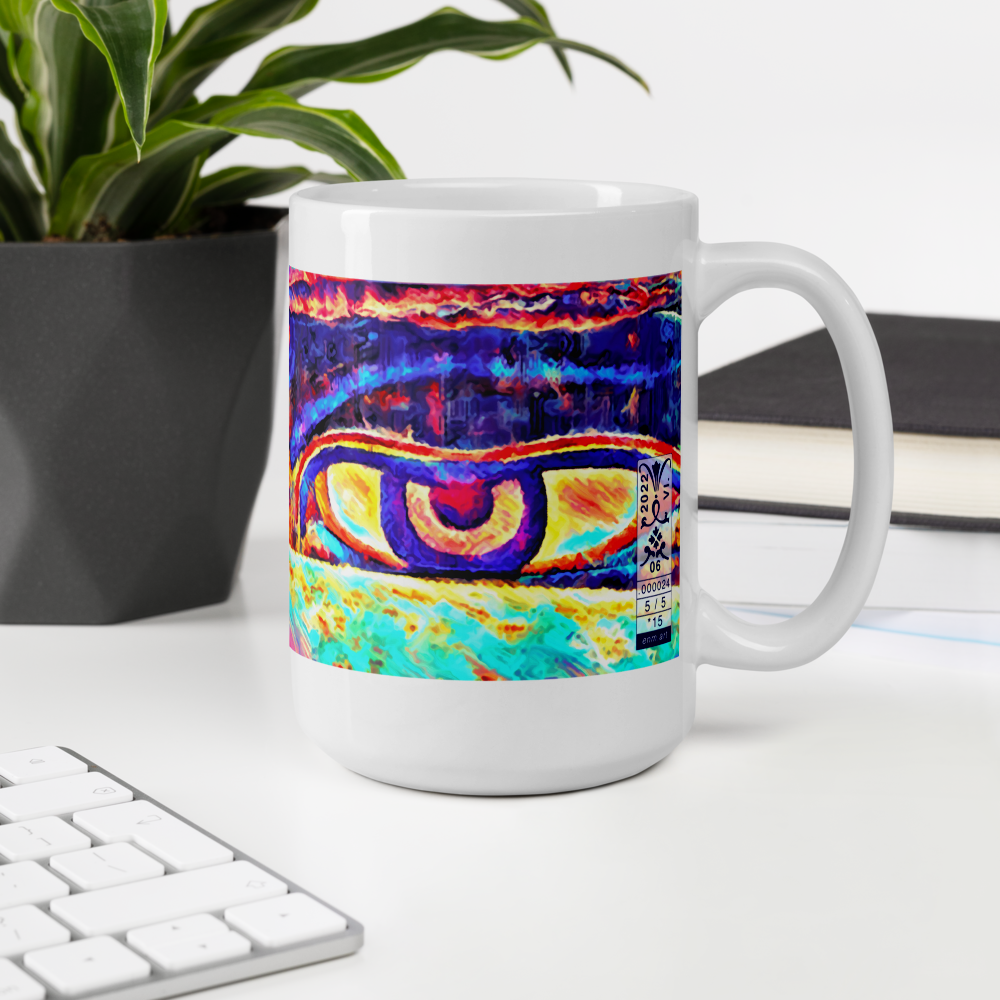 White glossy mug 'Just Seeing 5/5' artist-authorised edition of original art by Enmempin N. Mideolobo